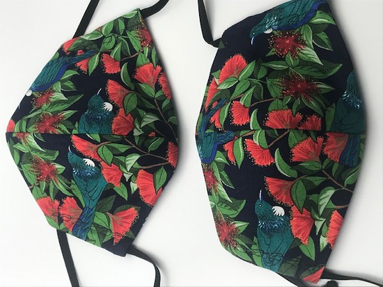 Tuis on Navy with Pohutukawa - White Polka Dots on Blue on Reverse - Reversible Limited Edition Face Mask image 1